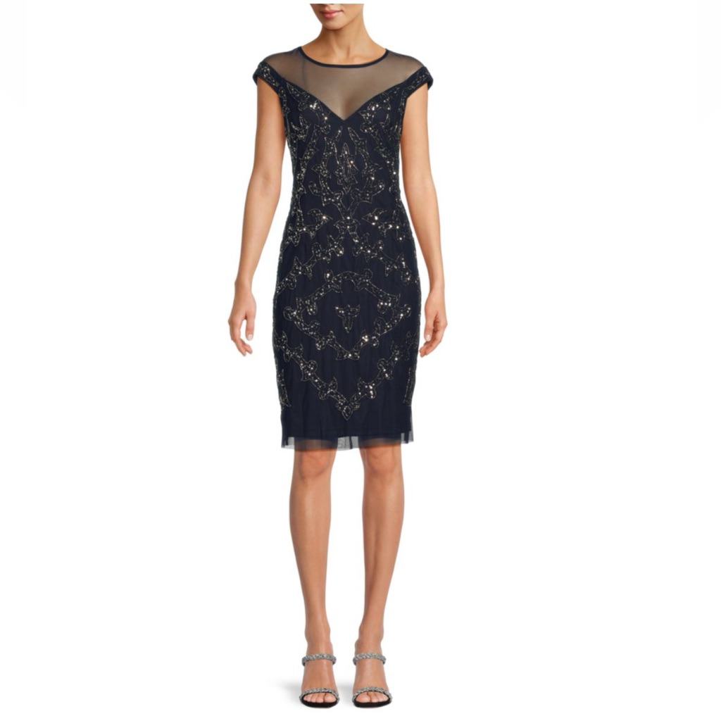 Adrianna Papell Silver Beaded Illusion Yoke Sheath Cocktail Dress Navy Blue Nwt